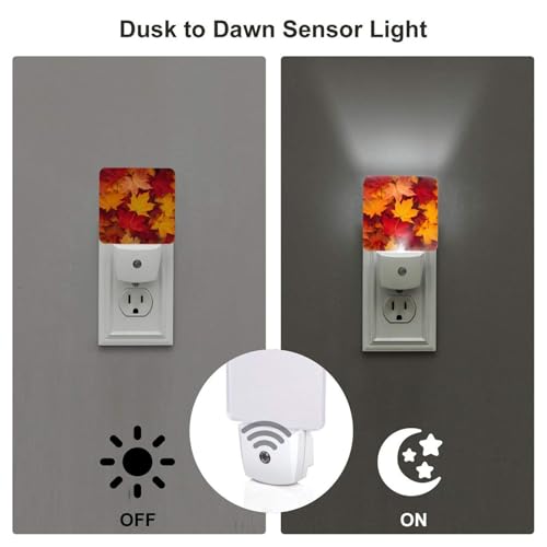 Image of Autumn Maple Leaves Night Light Set of 2, Fall Thanksgiving Auto Sensor LED Dusk-to-Dawn Nightlights, Plug-in Sensor Lamp for Bedroom Bathroom Kitchen Hallway Stairs Decorative