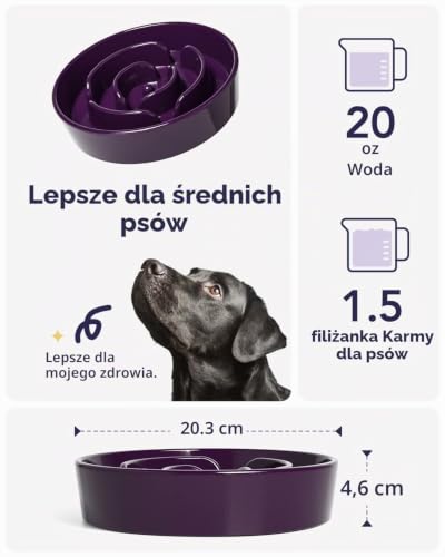 LE TAUCI Ceramiczne miski dla psów z powolnym podajnikiem, 1,5 szklanki, miska do powolnego karmienia dla małych i średnich ras, miska-puzzle na karmę dla psów dla łapczywych zjadaczy, fioletowy