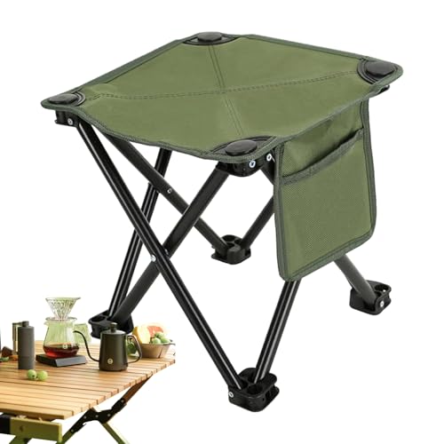 Taburetes de campamento plegables, taburete de viaje plegable de tela, silla de asiento transpirable de 12 pulgadas con bolsillos laterales, taburete de exterior con marco de acero con diseño