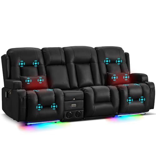 Image of URRED Power Loveseat Recliner Sofa with Massage and Heat, Wall Hugger Reclining Loveseat with Console, RV Couch Home Theater Seating with LED Lights for Living Room (Black, 89.8 inch - 3 Seats)