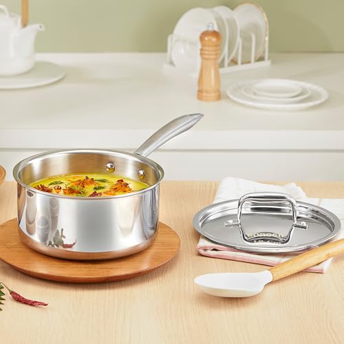 Image of Borosil Cookfresh Triply Stainless Steel Straight Shape Sauce Pan with Lid | SS304 Food Grade Steel, Dishwasher Safe | Compatible for Gas, Induction, Hot Plate, Halogen | 5 Years Warranty (18 cm)