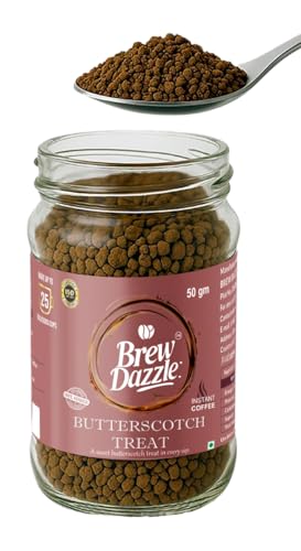 Image of BREW DAZZLE Butterscotch Coffee | Instant Coffee | Rich Flavour Taste & Strong Natural Delightful Coffee Granules | Hot & Cold Coffee Butterscotch Treat | 100% Arabica (50g)