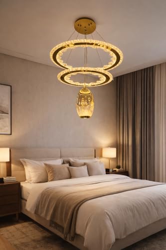 Image of Modern Stylish LED Ring Gold Finish with 3 Different Color Mode (Warm White, Cool White, Neutral White) Changing Chandelier with Height Adjustable Hanging for Bedroom, Living, Dining,