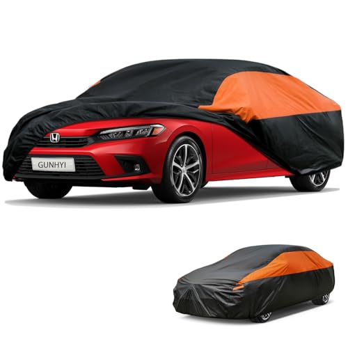 Image of GUNHYI Waterproof Sedan Full Car Cover Custom Fit Honda Civic Sedan | All‑weather Outdoor sun /rain /dust /snow /wind /UV protection, breathable lightweight fabric, black‑orange design,storage bag
