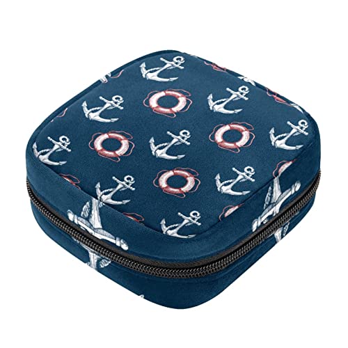 Sanitary Napkin Storage Bag, Feminine Product Pouches Portable Period Kit Bag for Girls Women Ladies White Ship Anchor Lifebuoy Navy