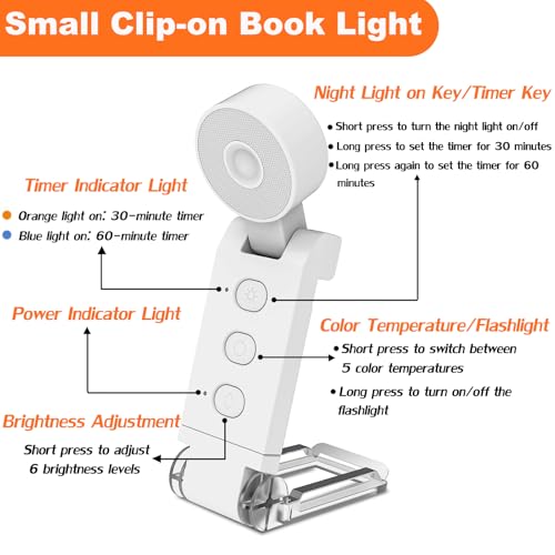 Image of Book Light, Rechargeable LED Reading Light with 5 Colors & Timer, Dimmable Clip-On Book Night Light for Reading in Bed at Night, Portable Samll Book Lamp Gifts for Readers Women Men Kids (Black)
