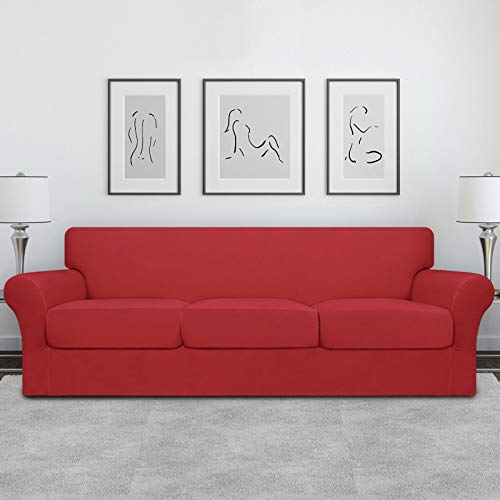 Image of Easy-Going 4 Pieces Oversized Stretch Couch Cover for Dogs Washable | Sectional Sofa Slipcover for 3 Separate Cushion Couch - Elastic Furniture Protector for Pets, Kids Christmas Red