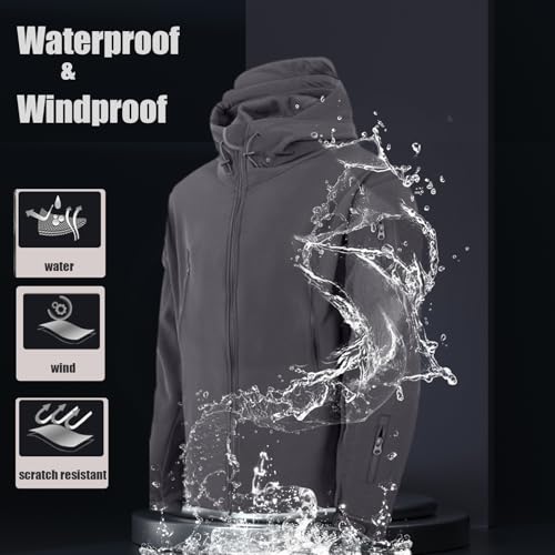 Image of Men's Tactical Fleece Lined Jacket Softshell Military Hooded 7 Pockets Windproof Outdoor Work Rain Coats Grey S