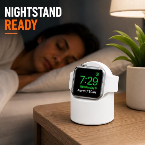 Image of Mizi Magnetic Charging Stand for Apple Watch Ultra 3 /2 /1 & Series 11 / to 1 /SE Silicone Wireless Charger Holder with Cable Management, Nightstand Mode Support, Portable Desk & Bedside Dock - White