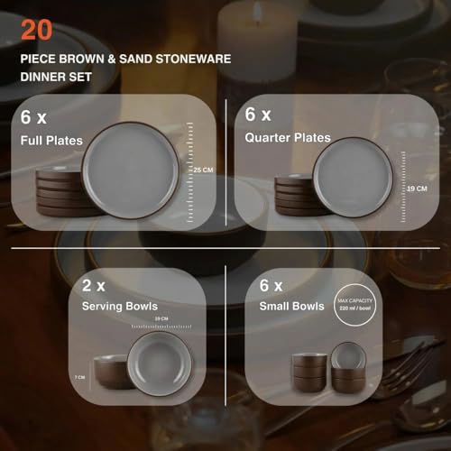 Image of BlackCarrot Handcrafted Brown Ceramic Dinner Set, 20 Pieces Serving for 6, Microwave and Dishwasher Safe, Bone-Ash Free, Dinner Sets | Crockery Set for Gifting & Dining, Black Carrot Bone China Free