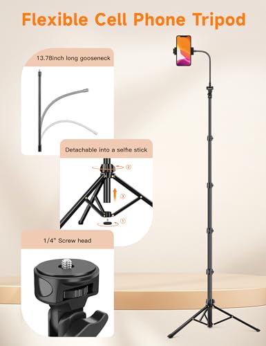 Image of Phone Tripod Stand, 84 inch Tall Flexible Cellphone Tripod for iPhone with Gooseneck Remote, Portable Phone Stand for Recording, Compatible with iPhone 14 13 12 pro Android Camera