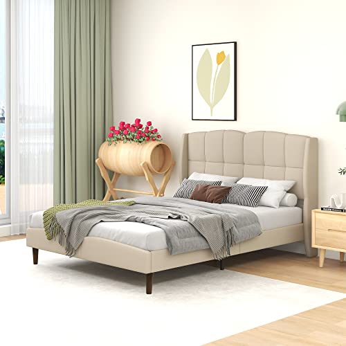 AGARTT Upholstered Platform Queen Size Bed Frame with Geometric Headboard No Box Spring Required Anti-Slip Beige Linen
