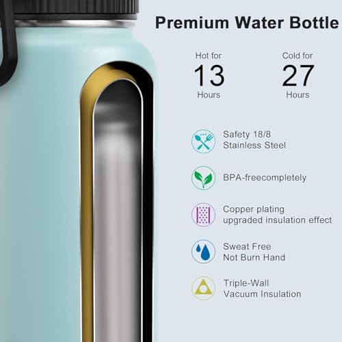 Image of koodee Insulated Water Bottle, 32 oz Stainless Steel Double Wall Vacuum Insulated Wide Mouth Sports Water Bottle with Leak Proof Straw Lid (Baby Blue)