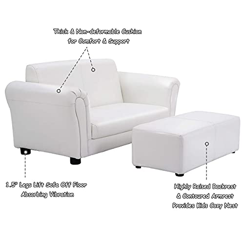 Reuniong Kids Sofa W/Footstool, Upholstered Children Loveseat Couch W/Ottoman, Sturdy Wood Frame, Astm And Cpsia Certified, 2 Seat Armrest Lounge Chair Set For Boys Girls, 32.5”X16.5”X16” (White) #TOP4
