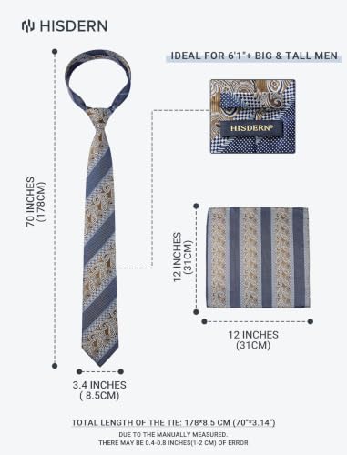 Image of HISDERN Extra Long Ties for Men Classic Floral Tie and Pocket Square Elegant Silk Necktie Handkerchief Set Wedding Party
