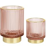 FullMeet Makeup Brush holder Organizer, Crystal Glass Toothbrush Holders, Striped Make Up Brush Holder for Vanity, Pen Holder for Desk, Vase -Pink (S+L)