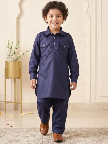 Image of AJ DEZINES Kids Cotton Full Sleeve Solid Black Pathani Suit Set for Boys - Ethnic Wear | Traditional | Festival Wear for boys - Regular Fit