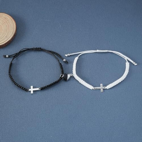 Image of CJIAYUJEW Matching Bracelets for Couples Handmade Braided Love Cross Bracelet Adjustable Heart Matching Attraction Couples Bracelet for Him and Her Bff Friendship Gift