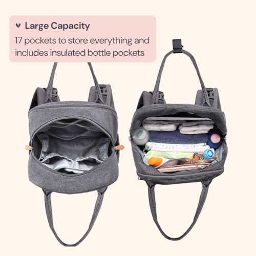 babbleroo diaper bag backpack - baby essentials travel tote - multi function water resistant diaper bag travel essentials baby bag with changing pad stroller straps amp pacifier case - dark gray