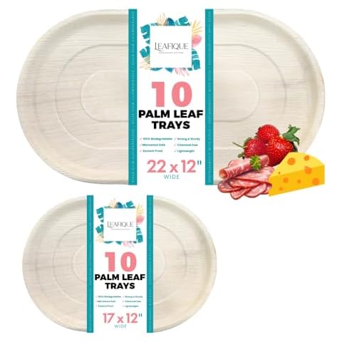LEAFIQUE Palm Leaf Tray Bundle – 17 x 12 Inch (10 Pack) + 22 x 12 Inch (10 Pack) | Eco-Friendly Bamboo-Like Disposable Charcuterie Boards, Biodegradable Serving Platters for Parties & Events Cover