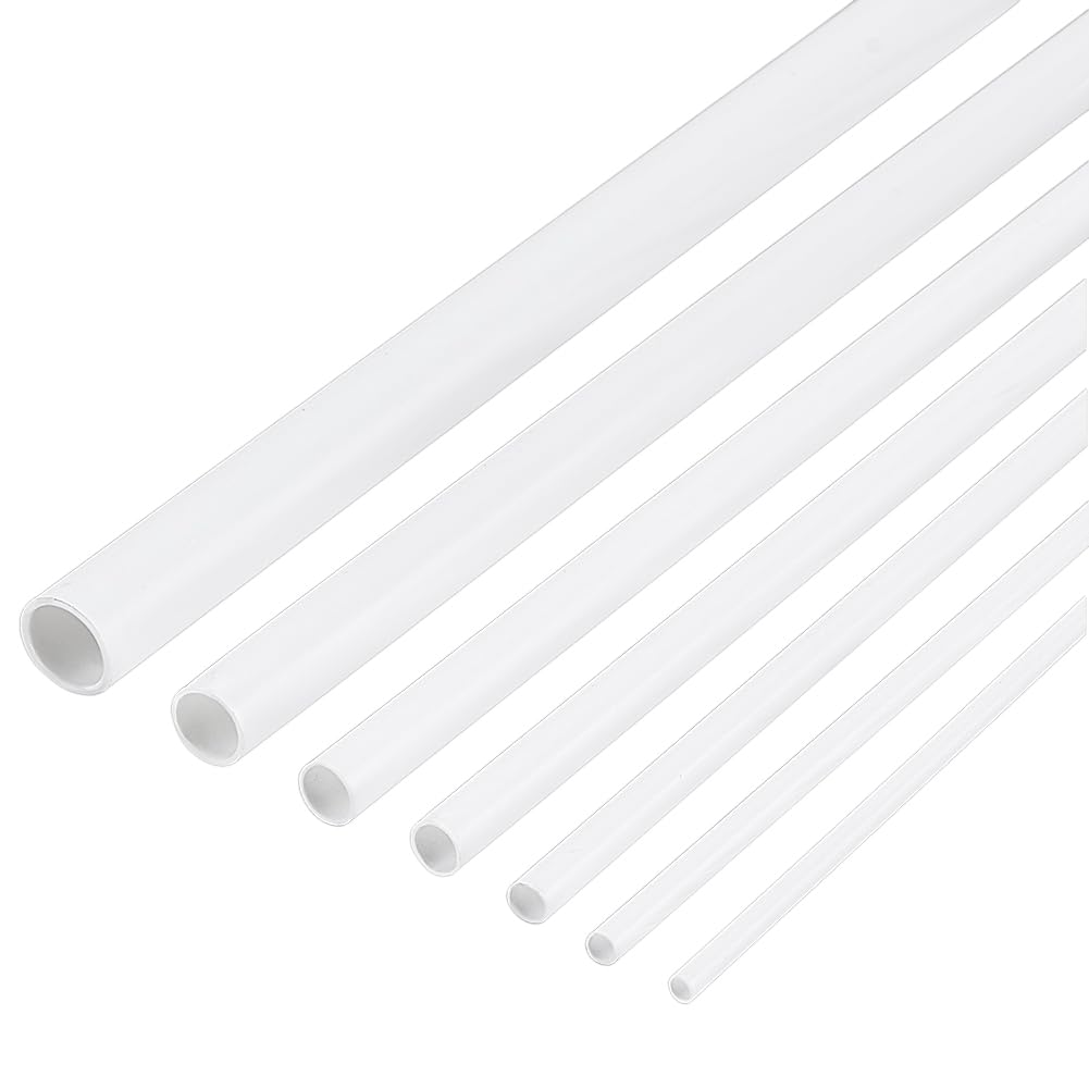 BENECREAT 48 Tubo di Plastica Rotondo In ABS Da 7 stili, Barre Bianche Da 2/3/4/5/6/8/10mm, Asta Tubolare Cava, Barra Tonda Cava per Modelli Architettonici Fai Da Te con Tavolo di Sabbia