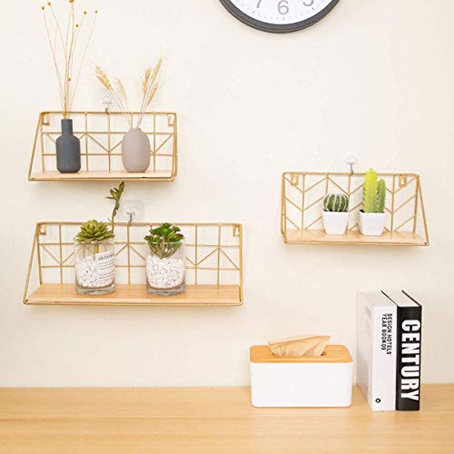 HJW Praktische opbergrek woondecoratie drijvende wandplank goud, metaal hout opbergrek voor fotolijst boek plant pot wekker kalender vakantie decoratie 1Huiyang-01020, a, klein - Image 4