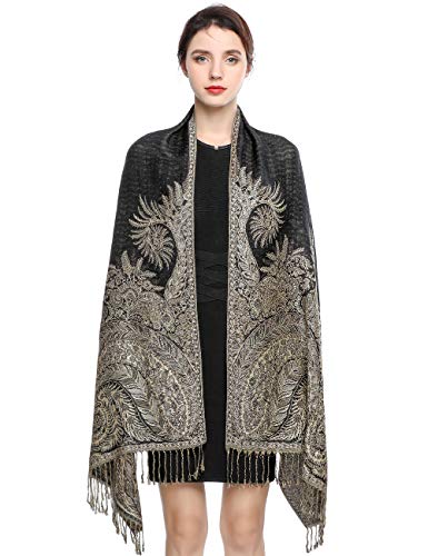 Pashmina Scarf for Women Warm Wrap Feel Shawl Paisley Hijab in Rich Colours with Fringes