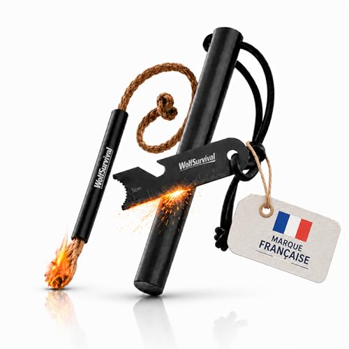 Wolf Survival - Pierre a Feu Survie XXL 20 000 Utilisations, Allume Feu Survie Barre Magnésium Ferrocérium avec Amadou + Paracorde, Pierre à Feu Kit Feu...