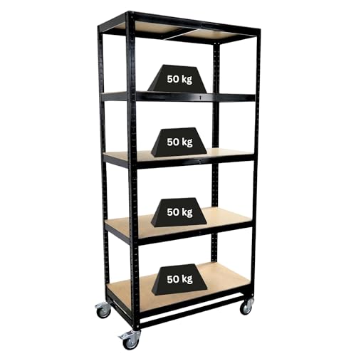 PROREGAL Kommissionierwagen BÜFFEL Fahrbares Kommissionierregal, 192x90x50cm, 5 Ebenen, Fachlast 50kg, 4 Lenkrollen, Davon 2 mit Feststellbremse, Schwarz, Regal auf Rollen, Regalwagen