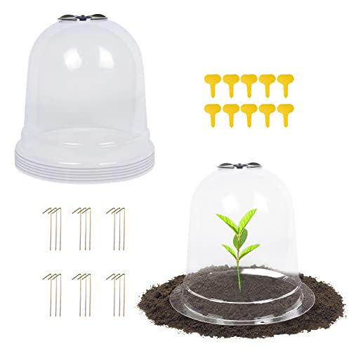 MorTime 6 Pack Garden Cloche Plant Dome 7.3 D x 6.9 H Plastic Plant Bell Cover Reusable Mini Greenhouse with 18 Ground Securing Pegs & 10 Plant Labels for Outdoors Frost Freeze Protection