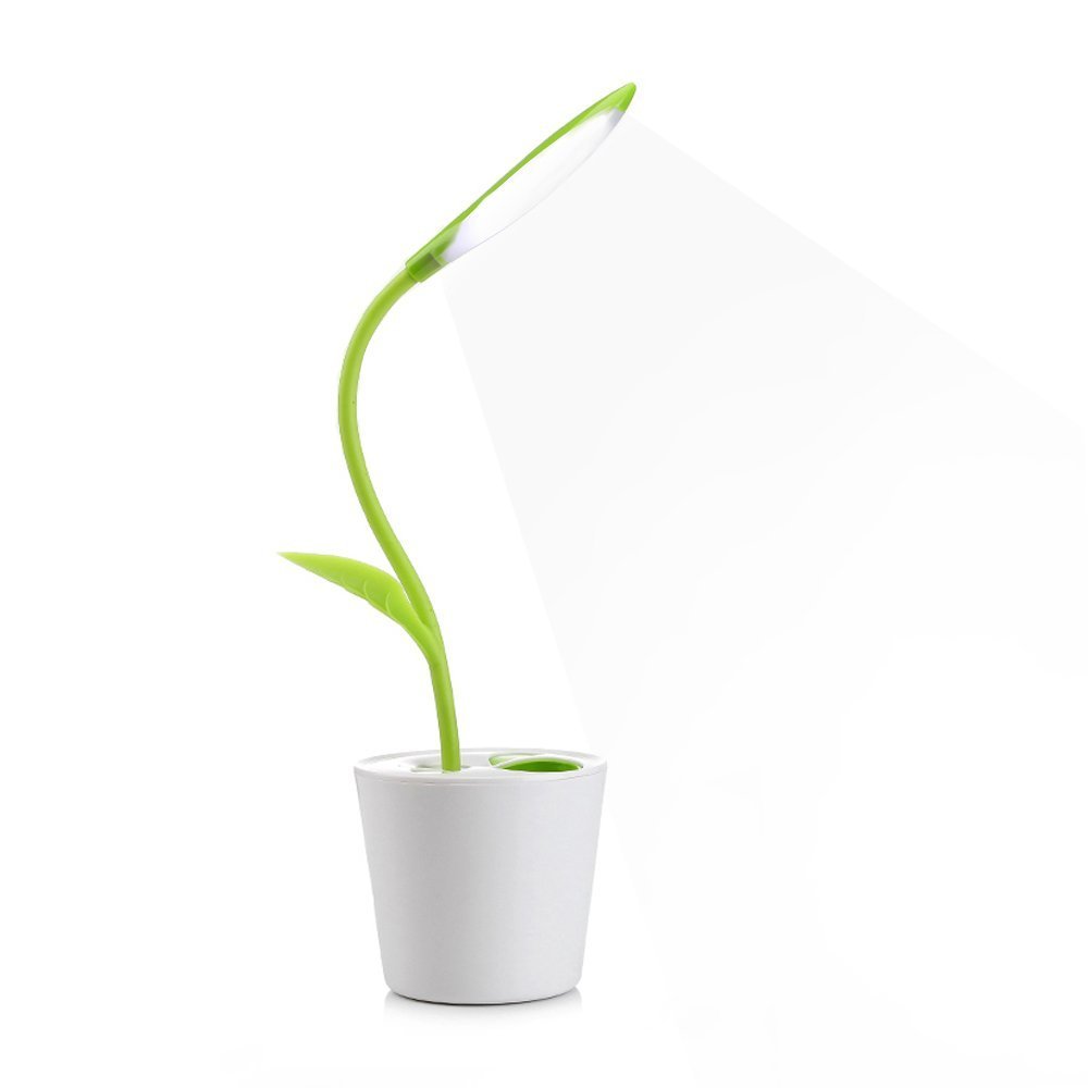 MKDMiD Flexible USB Touch Desk Lamp, Flexible Neck LED Desk Lamp 3 Level of Brightness Sapling Pot with Plant Pencil Holder for Office Study Reading (Dark Green)