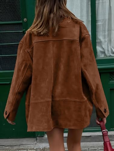 chouyatou Women's Fall Boyfriend Faux Suede Leather Jacket Casual Midi Long Button Down Shacket Coat2