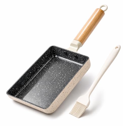 LISOS Ceramic Coating Square Japanese Tamagoyaki Omelette Small Skillet Non-stick Rectangle Egg Roll Pan with Wood Handle