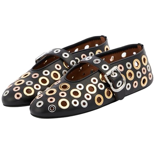 Women Perforated Ballet Flats with Buckle Strap Mesh Mary Jane Shoes Comfortable Ballerina for Casual Daily Dress