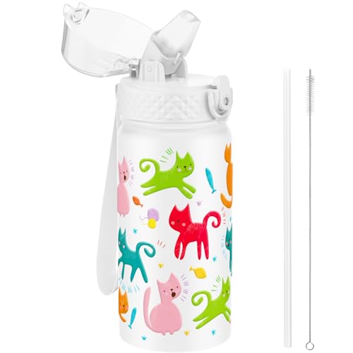 GOPPUS 420ml/14oz Kids Insulated Water Bottle with Straw Cute Double Wall Stainless Steel Child's Small Flask Vacuum Insulated Steel Metal Leak Proof Drink Flask Boys Toddler Girls Bottles BPA-Free