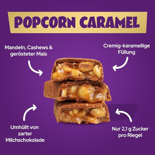 ahead Popcorn Caramel | 12x 35g Schokoriegel | 1,9 g Zucker pro Riegel | Knusprige Haselnüsse & Karamellgeschmack | Low carb Süßigkeiten ohne Palmöl