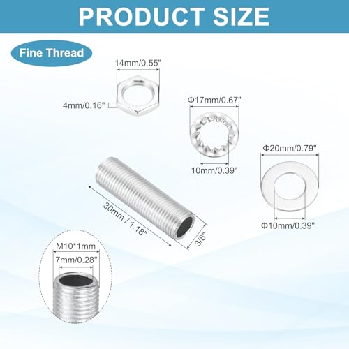 Image of MECCANIXITY 35Pcs 1.2 inch Lamp Pipe Nipples Kit with Hex Nuts Washers, M10 Fine Threaded Hollow Tube Repair Hardware Fasteners Assortment for Assembly Chandelier Ceiling Lamp DIY, Silver