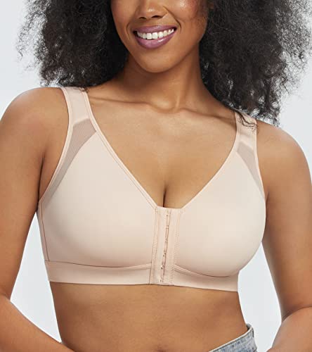 Haci Women's Front Closure Posture Bra Full Coverage Back Support Wireless Comfy Unpadded(Beige,36B) #TOP3