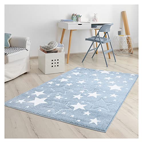 carpet city Alfombra Infantil de Pelo Plano Bueno, Corte de Contorno, Hilo Brillante con Estrellas en Azul, para habitación Infantil, tamaño: 120 cm, Redonda Cover