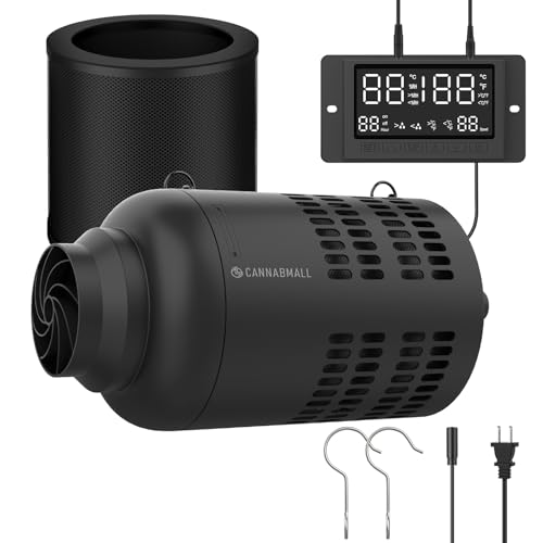 CANNABMALL 4 Inch Inline Duct Fan with EC Motor and Built-in Carbon Filter Duct Fan Kit with Temperature Humidity Controller Grow Tent Kits Ventilation System with Carbon Filter Combo