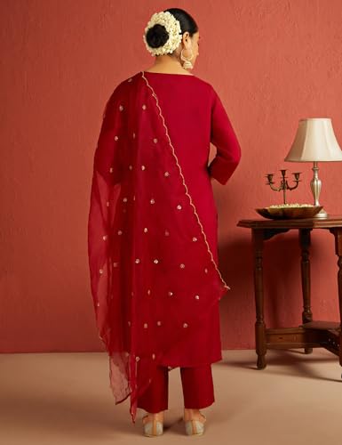 Image of Kaari Women's Hand Embroidered Kurta Set with Dupatta - Straight Fit | Silk Blend Fabric with Dabka Work | Sequin Work Organza Dupatta | Straight Pant with Side Pocket | Kurta Set For Women
