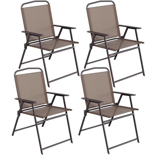 TLSUNNY Patio Folding Chairs Set of 4 Portable Dining Lawn Chairs Outdoor Folded Furniture W/Breathable Textilene & Steel Frame Armrests & Crossbar All Weather for Pool Camping (4 Brown)