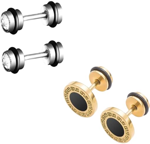 modeva "elevate your essence" Trendy Men'S Stud Earrings Set, 2 Pairs Stainless Steel Crystal and Black Enamel Design In Gold Silver-picture-26