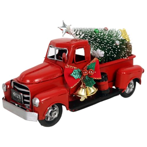Decoración navideña de camión rojo rústico con mini árbol de mesa 2