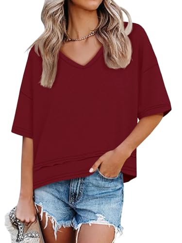 Image of UNCLECAT Womens V Neck T Shirts Summer Trendy Loose Fit Casual Tops Tees