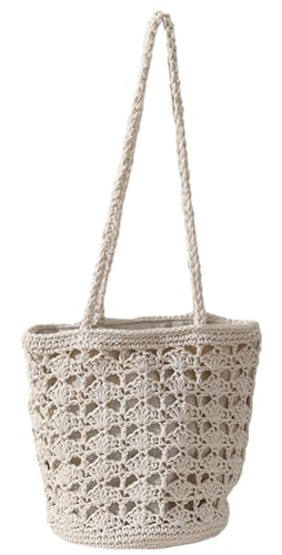 Cotton Rope Summer Beach HandBag Vacation Hand- Woven Shoulder Bucket Bag Chic Hollow-out Purses