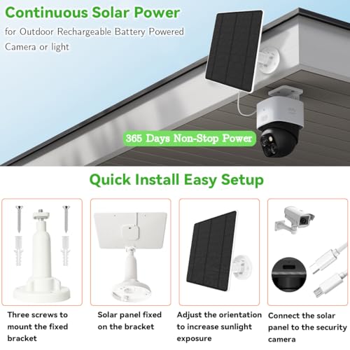 Solarladepanel für Eufy Kamera, 5W Kamera Solarmodul mit Micro USB & USB-C Anschluss Solarpanel, IP65 Wetterfest für Außenüberwachung und Kamera Aufladung, 360° Verstellbarer Bügel