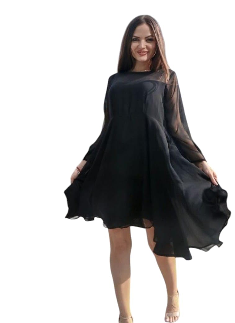 Georgette Crepe Full Sleeve Kurti(Heavy Georgette with Inner Heavy Crepe) Black (in, Alpha, M)