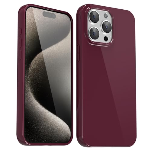 Svanove for iPhone 15 Pro Max Case Silicone, Glossy Soft Rubber Gel Jelly Cute Protective Plastic Simple Plain Phone Case Cover for Women Girl, Slim Thin Flexible Shockproof TPU, Burgundy Wine