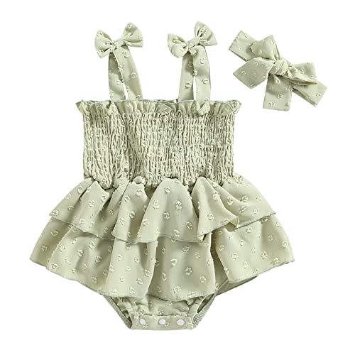 Meihuida Newborn Baby Girl Romper Ruched Boho Summer Clothes With Headband Green 3-6 Months #TOP7